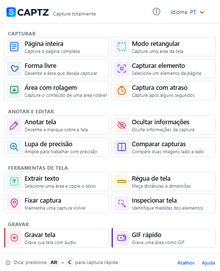 Official CAPTZ extension popup with 16 tools in four categories